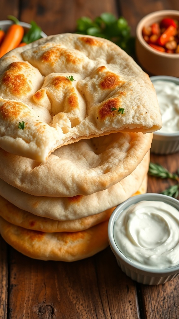 Homemade Pita Bread with Greek Yogurt Freshly baked pita bread stacked with a bowl of Greek yogurt and colorful vegetables.